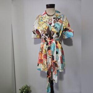 Vertigo Paris Multicolor Abstract Cotton Blend Short Sleeve Trench. Size Medium